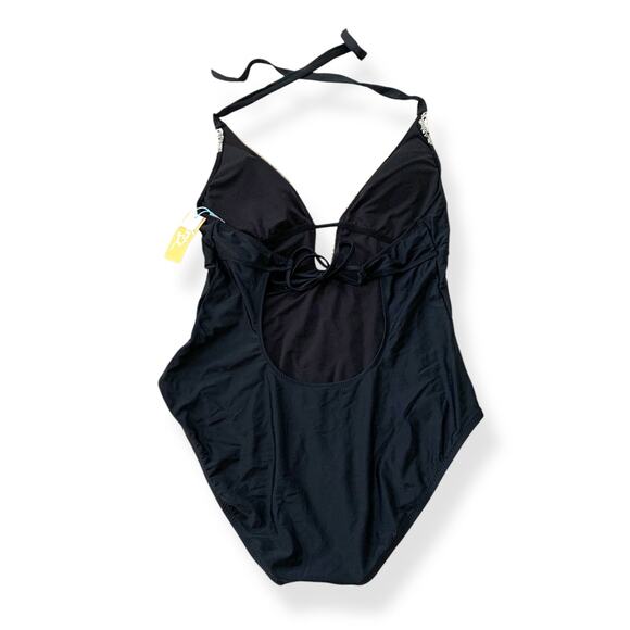 NWT Kona Sol women's black crochet lace deep V one piece swimsuit SZ XL - Picture 4 of 14